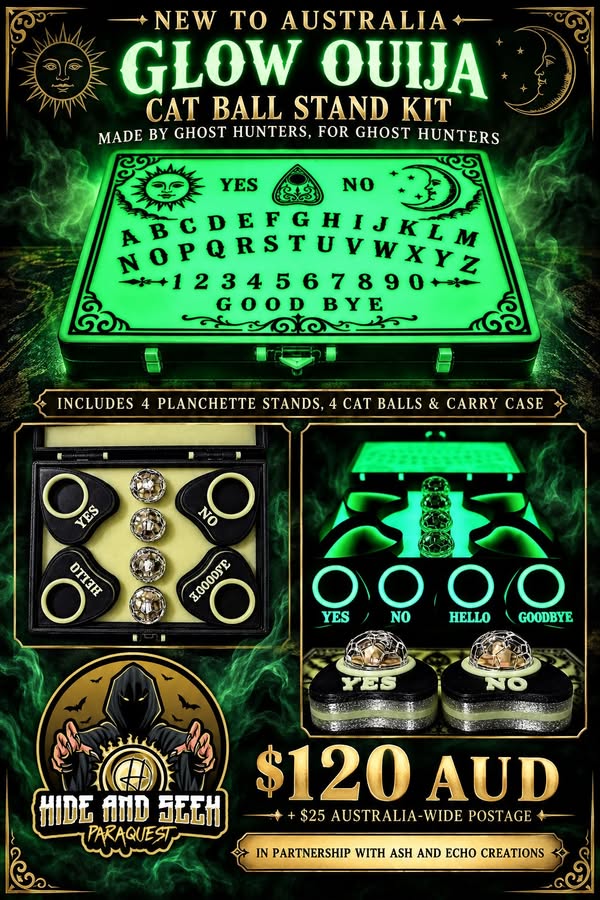 Glow Ouija Cat Ball Stand Kit with carry case, four planchette stands and four cat balls